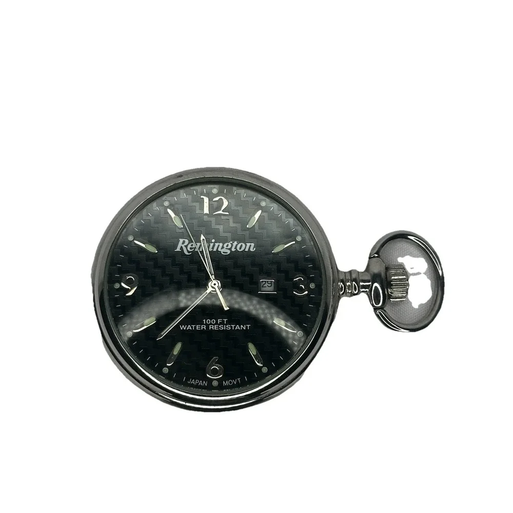 Vintage Remington Quartz Pocket Watch In Leather Pouch Cover Black Dial